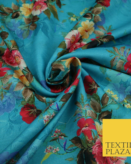 BLUE Floral Digital Print Pink Flowers Faux Raw Silk Fabric Dress Craft 2423