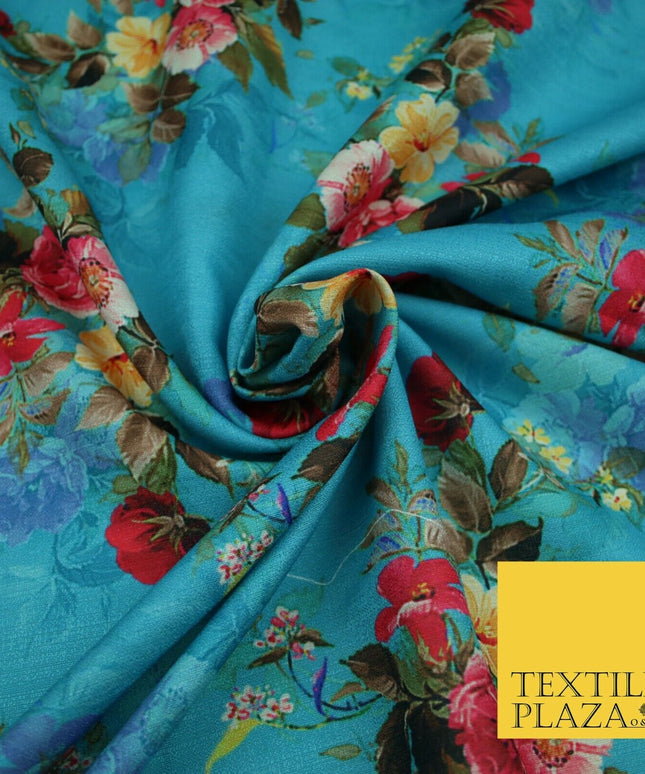BLUE Floral Digital Print Pink Flowers Faux Raw Silk Fabric Dress Craft 2423