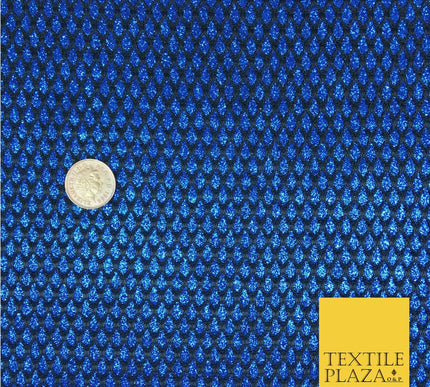 ROYAL BLUE Glitter Foil Satin Bonded Black Lace Party Dancewear Fabric 1231