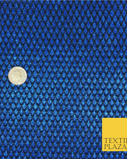 ROYAL BLUE Glitter Foil Satin Bonded Black Lace Party Dancewear Fabric 1231