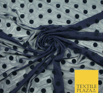 Black / Navy Blue 1cm Flocked Spot Polka Dot Power Mesh Net Stretch Dress Fabric