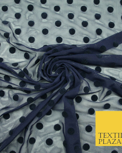 Black / Navy Blue 1cm Flocked Spot Polka Dot Power Mesh Net Stretch Dress Fabric