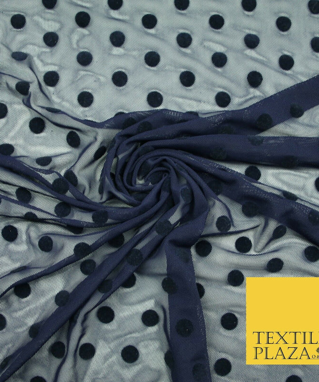 Black / Navy Blue 1cm Flocked Spot Polka Dot Power Mesh Net Stretch Dress Fabric