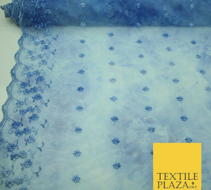 Cloudy Blue Mini Flower Embroidered Scalloped Tie Dye Mesh Net Dress Fabric 2760