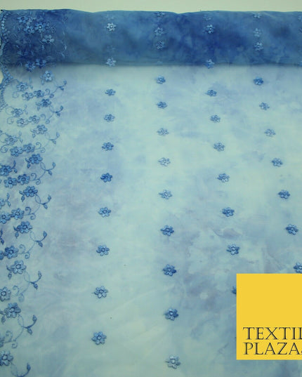 Cloudy Blue Mini Flower Embroidered Scalloped Tie Dye Mesh Net Dress Fabric 2760