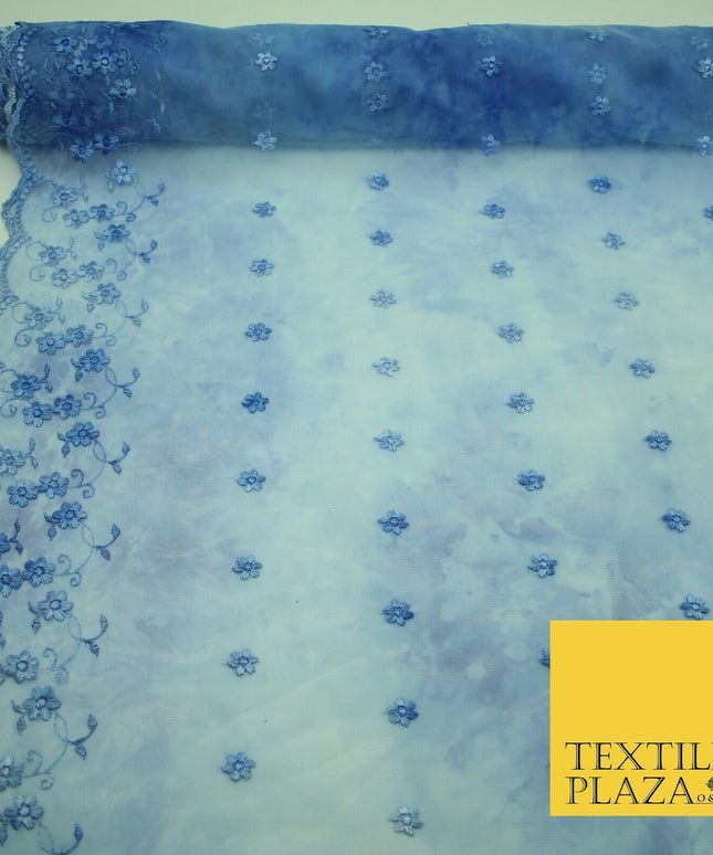 Cloudy Blue Mini Flower Embroidered Scalloped Tie Dye Mesh Net Dress Fabric 2760