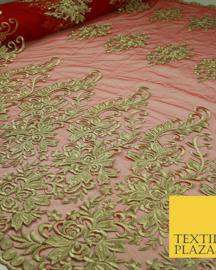 Gold Waves Motifs Embroidery Scalloped Mesh Net Wedding Dress Fabric Fashion