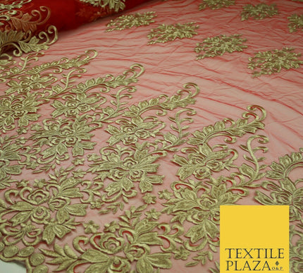 Gold Waves Motifs Embroidery Scalloped Mesh Net Wedding Dress Fabric Fashion