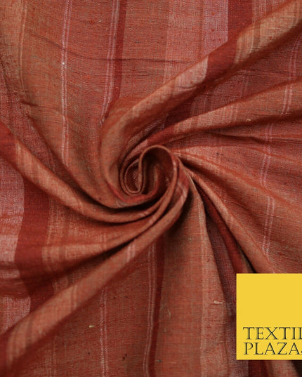 Brick Red - Terracotta Check Stripe Woven 100% PURE Dupion Raw Silk Fabric 2486