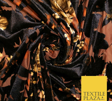 Dark Navy Blue Brown Floral Pansy Shadows Velvet Devore Burnout Net Fabric