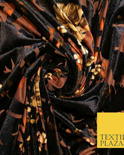 Dark Navy Blue Brown Floral Pansy Shadows Velvet Devore Burnout Net Fabric