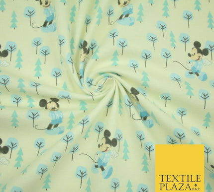 Cream Disney Mickey Mouse Festive Christmas Trees Winceyette Soft Brushed Cotton Print Fabric 2144