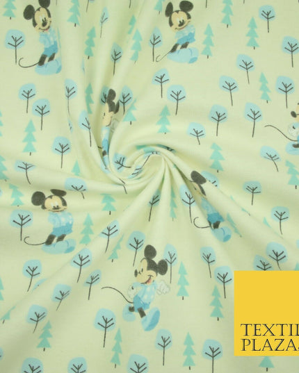 Cream Disney Mickey Mouse Festive Christmas Trees Winceyette Soft Brushed Cotton Print Fabric 2144