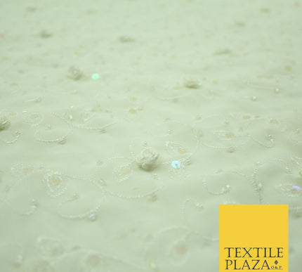 Luxury Cream Sequin Pearl 3D Roses Beaded Swirls Georgette Dress Fabric 2762