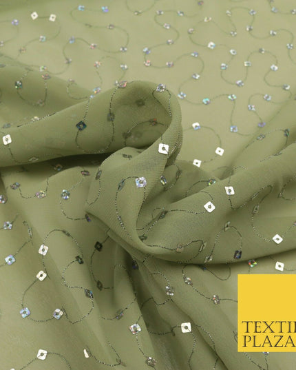 Green Hologram Square Sequin Georgette Dress Fabric Fancy Sparkly Dance 1598