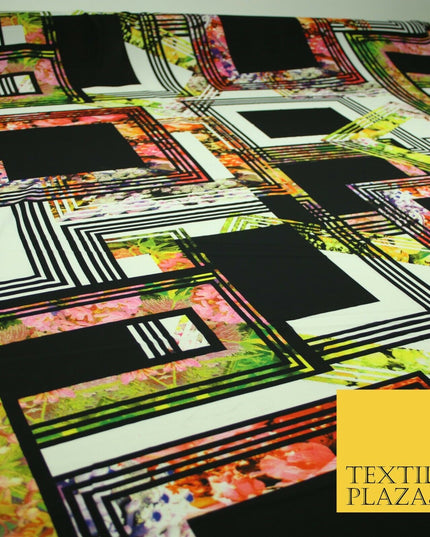 Black Check Floral Abstract Multicolour Printed Heavyweight Georgette Fabric 58"