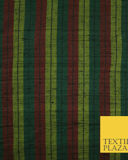 Black Olive Green Maroon Check Stripe Woven 100% PURE Dupion Raw Silk Fabric2485