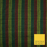 Black Olive Green Maroon Check Stripe Woven 100% PURE Dupion Raw Silk Fabric2485
