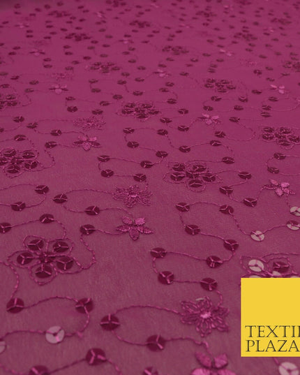 Magenta Pink Floral Sequin Threadwork Georgette Dress Fabric Fancy 1601