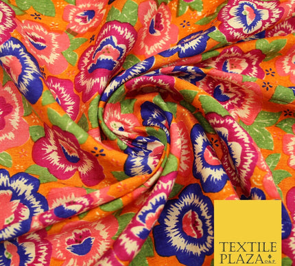 Orange Purple Flower Printed 100% PURE Dupion Raw Silk Fabric Slub Handloom 2482