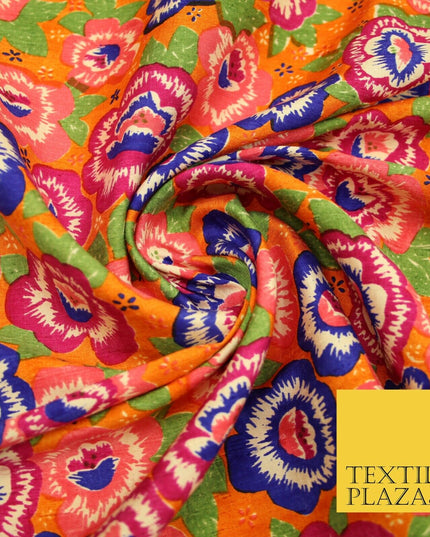 Orange Purple Flower Printed 100% PURE Dupion Raw Silk Fabric Slub Handloom 2482