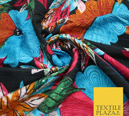 Black Multicolour Flower Funky Abstract Printed PURE Dupion Raw Silk Fabric 2483