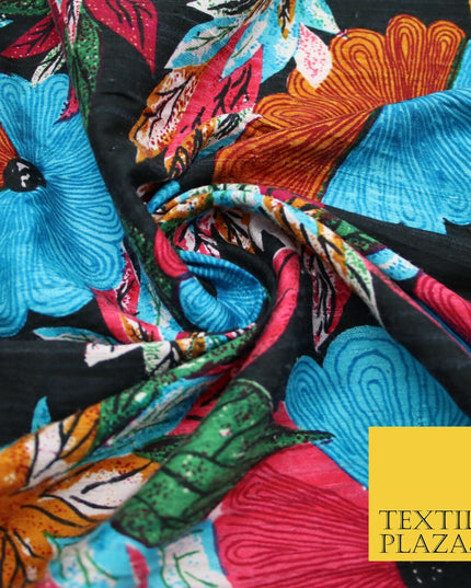 Black Multicolour Flower Funky Abstract Printed PURE Dupion Raw Silk Fabric 2483