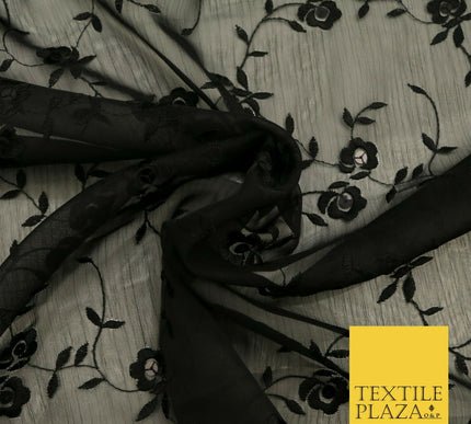 Black Rose Stem Threadwork Chiffon Georgette Dress Fabric Fancy 1600