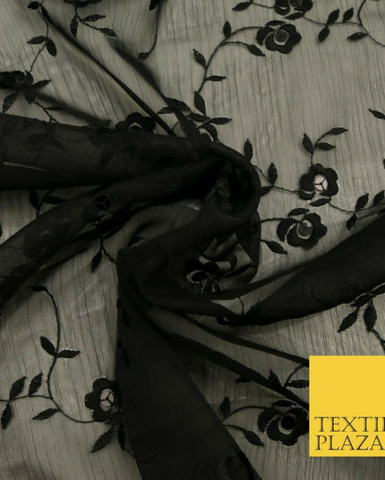 Black Rose Stem Threadwork Chiffon Georgette Dress Fabric Fancy 1600