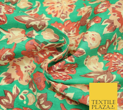 Sea Green Peach Flower Printed 100% PURE Dupion Raw Silk Handloom Fabric 2484