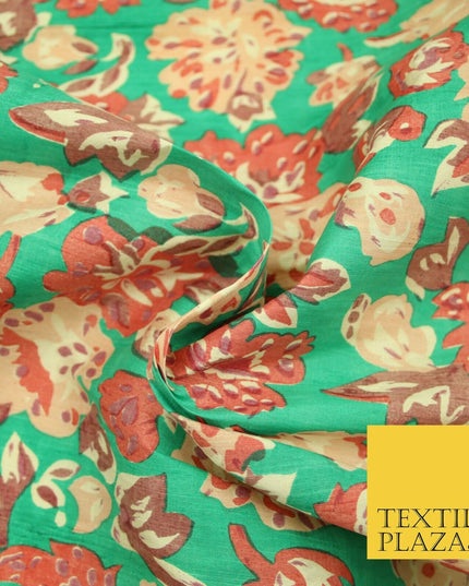 Sea Green Peach Flower Printed 100% PURE Dupion Raw Silk Handloom Fabric 2484