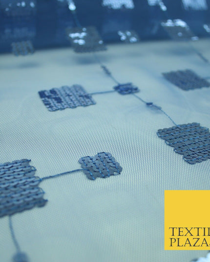 Luxury Blue Shiny Sequin Square Blocks Mesh Net Dress Fabric Fashion Craft 2758