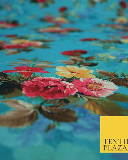 BLUE Floral Digital Print Pink Flowers Faux Raw Silk Fabric Dress Craft 2423