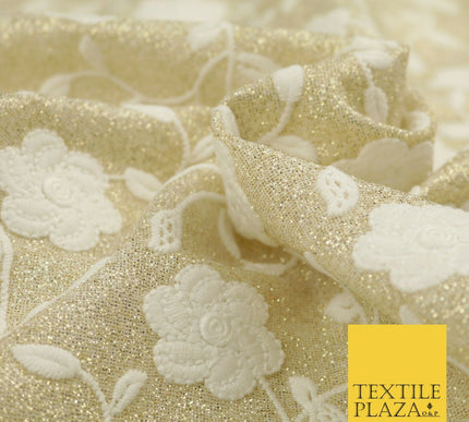 White Embroidered Gold Lurex Shimmer Fabric Backdrop Dance Sparkle 1447