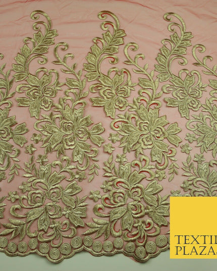Gold Waves Motifs Embroidery Scalloped Mesh Net Wedding Dress Fabric Fashion
