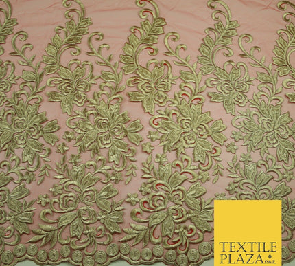 Gold Waves Motifs Embroidery Scalloped Mesh Net Wedding Dress Fabric Fashion