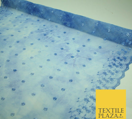 Cloudy Blue Mini Flower Embroidered Scalloped Tie Dye Mesh Net Dress Fabric 2760
