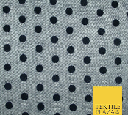 Black / Navy Blue 1cm Flocked Spot Polka Dot Power Mesh Net Stretch Dress Fabric