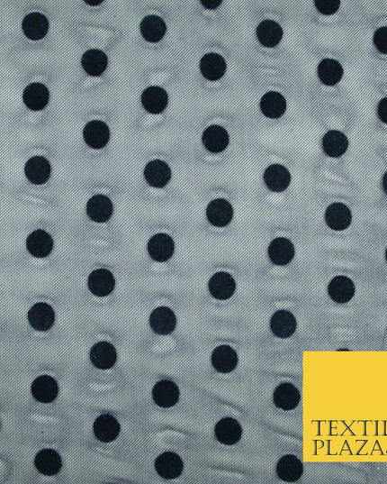 Black / Navy Blue 1cm Flocked Spot Polka Dot Power Mesh Net Stretch Dress Fabric