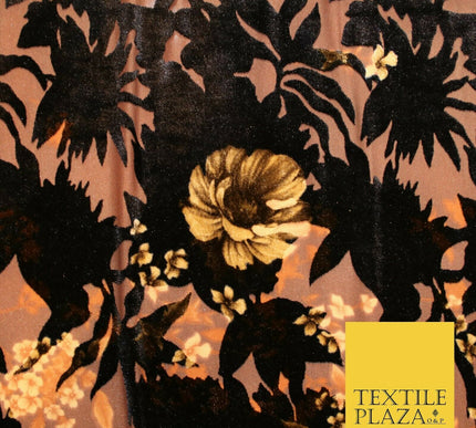 Dark Navy Blue Brown Floral Pansy Shadows Velvet Devore Burnout Net Fabric