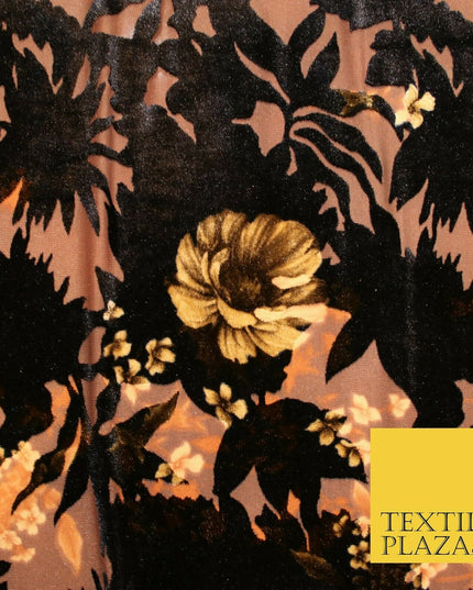 Dark Navy Blue Brown Floral Pansy Shadows Velvet Devore Burnout Net Fabric