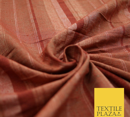 Brick Red - Terracotta Check Stripe Woven 100% PURE Dupion Raw Silk Fabric 2486