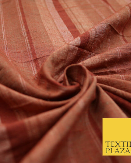 Brick Red - Terracotta Check Stripe Woven 100% PURE Dupion Raw Silk Fabric 2486