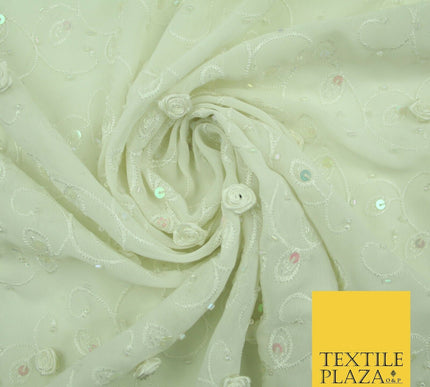 Luxury Cream Sequin Pearl 3D Roses Beaded Swirls Georgette Dress Fabric 2762