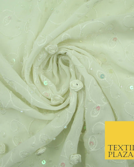 Luxury Cream Sequin Pearl 3D Roses Beaded Swirls Georgette Dress Fabric 2762