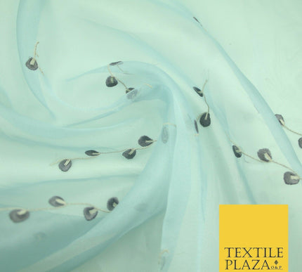 Light Blue Embroidered Floral Falling Stems Crystal Organza Dress Fabric 2759