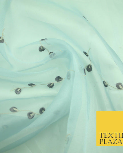 Light Blue Embroidered Floral Falling Stems Crystal Organza Dress Fabric 2759