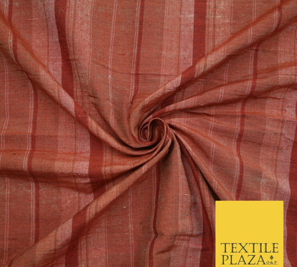 Brick Red - Terracotta Check Stripe Woven 100% PURE Dupion Raw Silk Fabric 2486