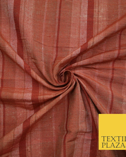 Brick Red - Terracotta Check Stripe Woven 100% PURE Dupion Raw Silk Fabric 2486