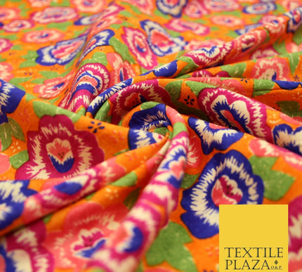 Orange Purple Flower Printed 100% PURE Dupion Raw Silk Fabric Slub Handloom 2482